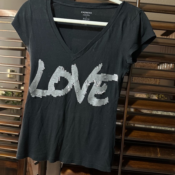 Sequin Embellished Love V-Neck Black T-Shirt S Short Sleeve Silver Embellishment - Picture 1 of 2